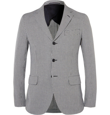 slim fit houndstooth cotton and linen blend blazer