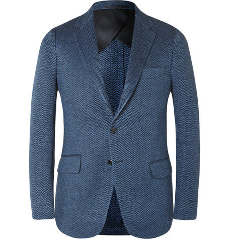 blue slim fit herringbone linen blazer
