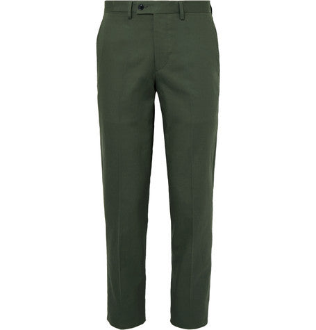 green slim fit cotton gabardine suit trousers