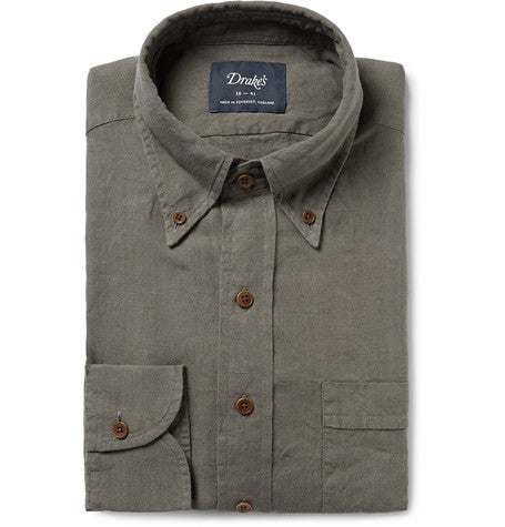 green slim fit button down collar linen shirt