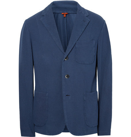 blue slim fit unstructured knitted cotton blazer