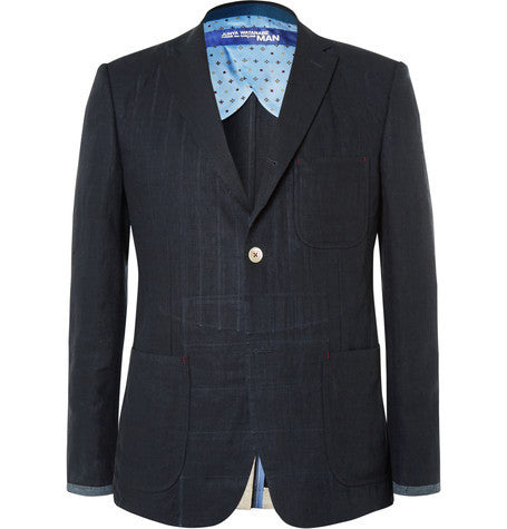 navy slim fit elbow patch linen blazer