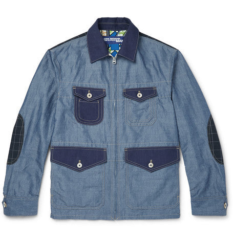 slim fit patchwork cotton and linen blend chambray jacket