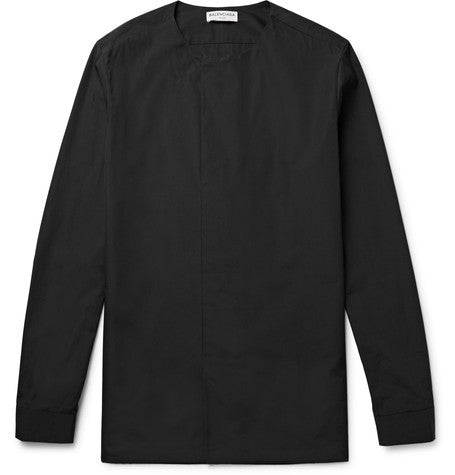 slim fit collarless cotton poplin shirt