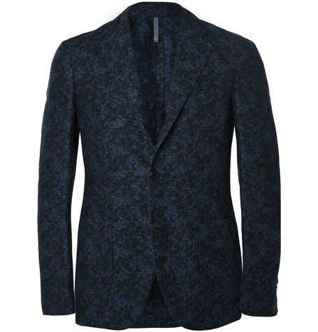 navy slim fit floral linen and cotton blend suit jacket
