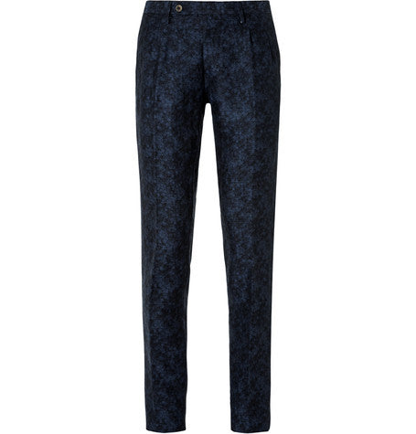 navy slim fit floral linen and cotton blend suit trousers