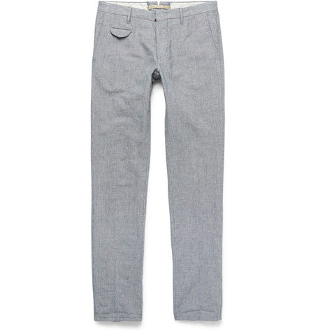 slim fit puppytooth cotton and linen blend trousers