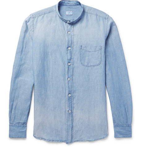 slim fit grandad collar slub cotton and linen blend shirt
