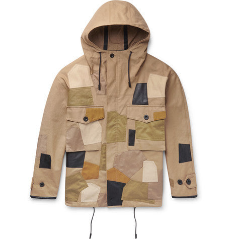 patchwork cotton twill and leather parka