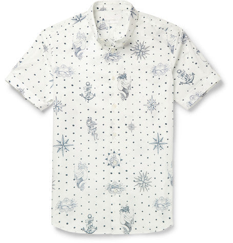 slim fit button down collar printed cotton shirt