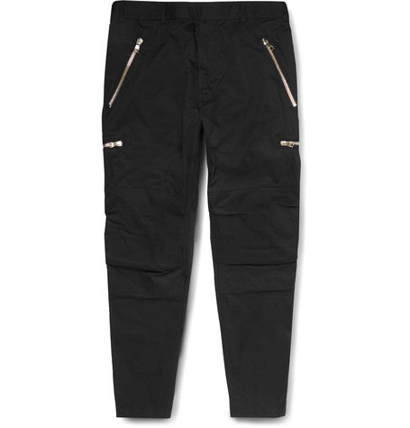 slim fit zip detailed cotton twill trousers