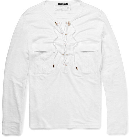 slim fit laced placket linen t shirt