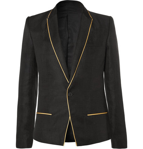 black slim fit gold trimmed linen and silk blend blazer