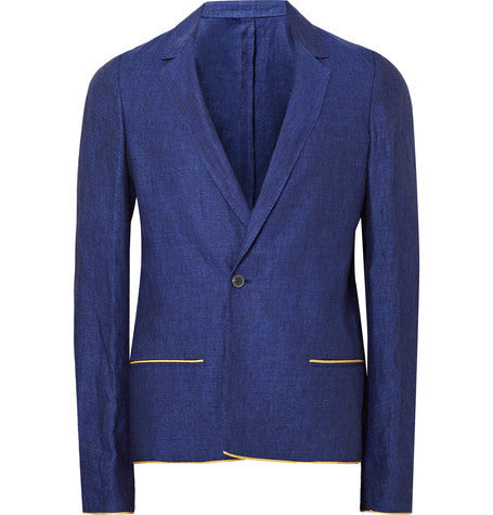 blue slim fit contrast trimmed linen blazer