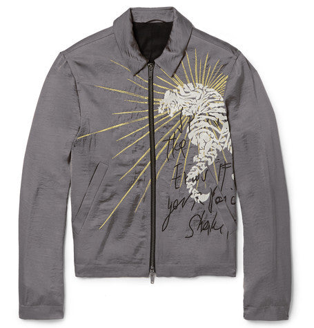 slim fit embroidered satin bomber jacket
