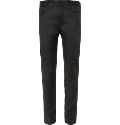 skinny fit gold trimmed linen blend trousers