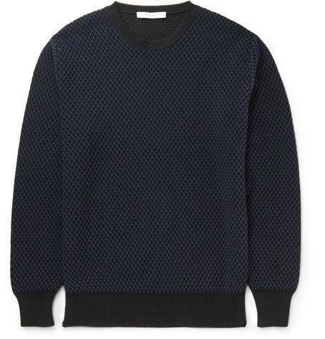 slim fit mesh effect cotton blend sweater