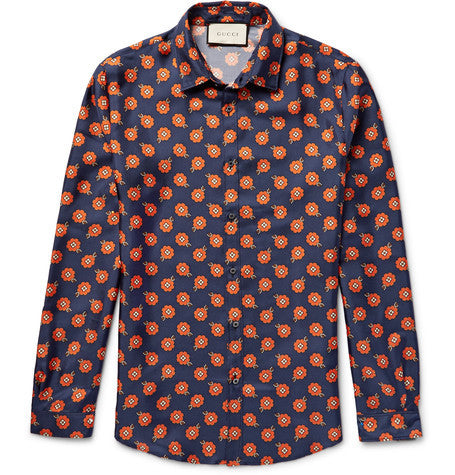 slim fit floral print silk twill shirt
