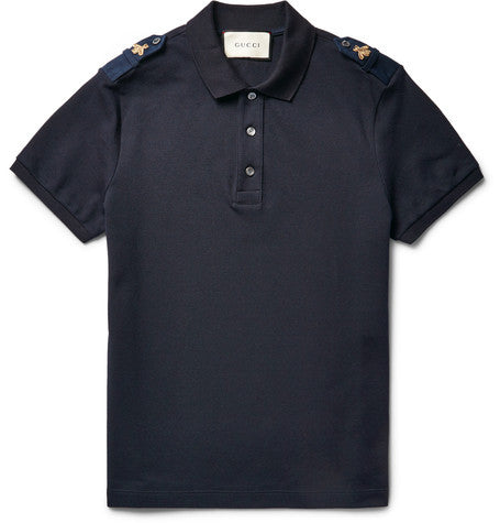 slim fit bee appliqued stretch cotton pique polo shirt