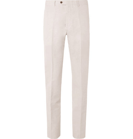 slim fit linen and cotton blend chinos