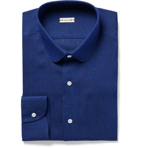 blue slim fit penny collar slub linen shirt