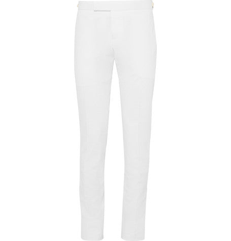 slim fit stripe tipped cotton seersucker trousers