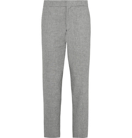 grey fun mix slim fit checked linen and cotton blend trousers
