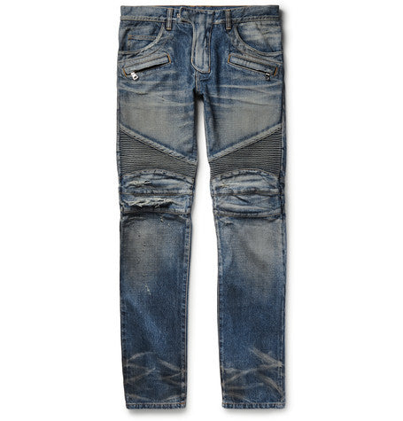 slim fit distressed denim biker jeans