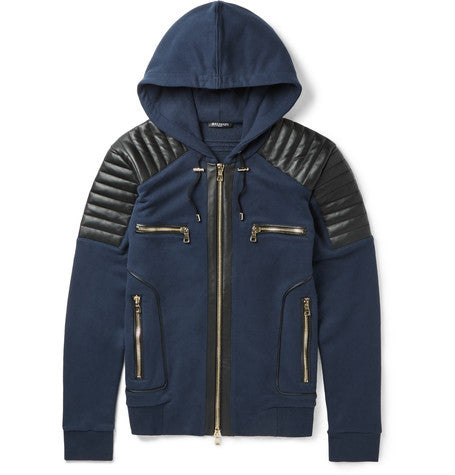 slim fit leather panelled cotton hoodie