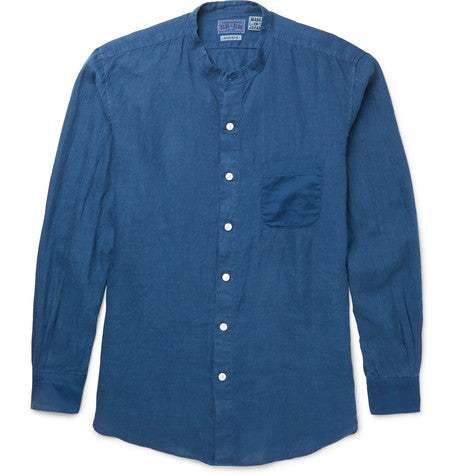 grandad collar linen crepe trimmed cotton shirt