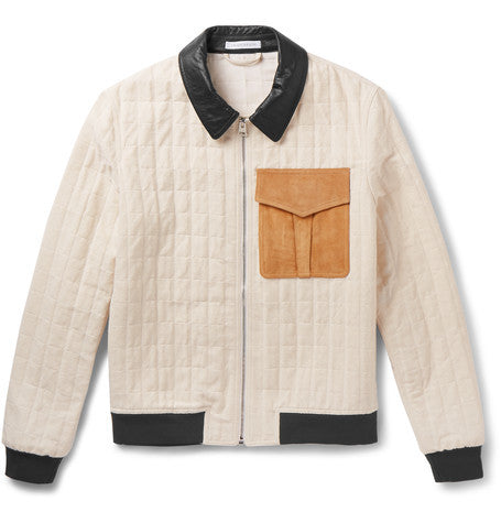 leather and suede trimmed quilted cotton blend bomber jacket