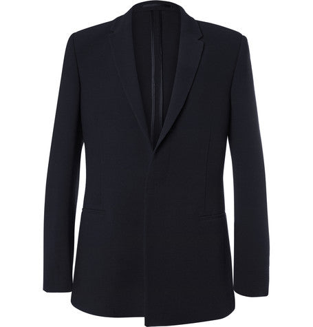 navy textured wool blend suit jacket