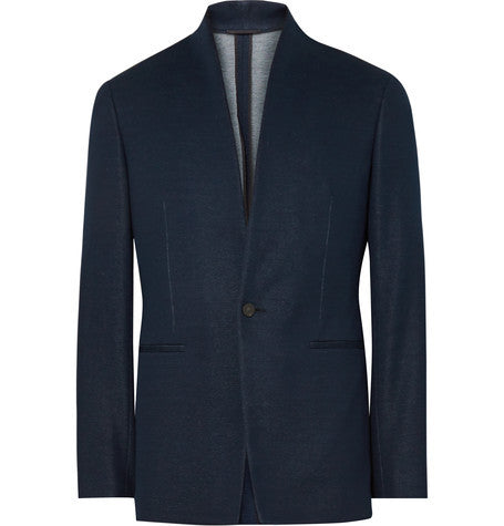 navy slim fit stand collar cotton blazer