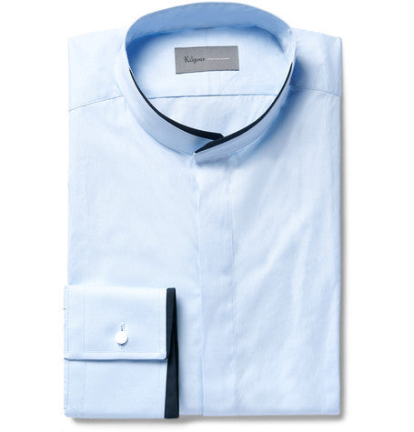 blue slim fit contrast tipped grandad collar cotton shirt