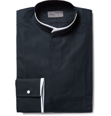 midnight blue slim fit contrast tipped grandad collar cotton shirt