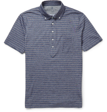 slim fit button down collar striped knitted cotton shirt