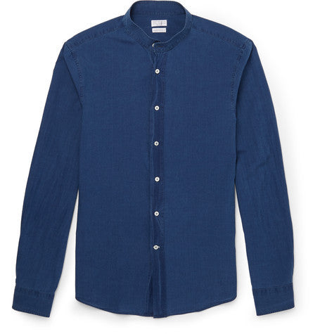 slim fit grandad collar cotton chambray shirt