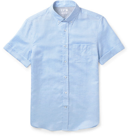 slim fit button down collar linen and cotton blend shirt
