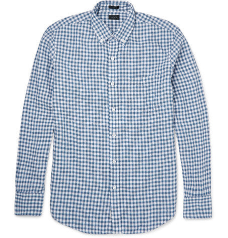 button down collar checked linen shirt