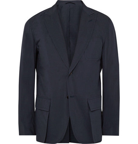 blue slim fit textured cotton blend blazer