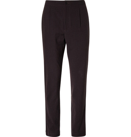 slim fit striped wool and cotton blend seersucker trousers
