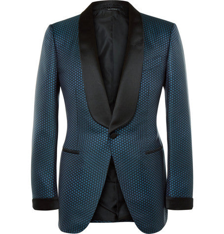 blue slim fit silk and cotton blend jacquard tuxedo jacket