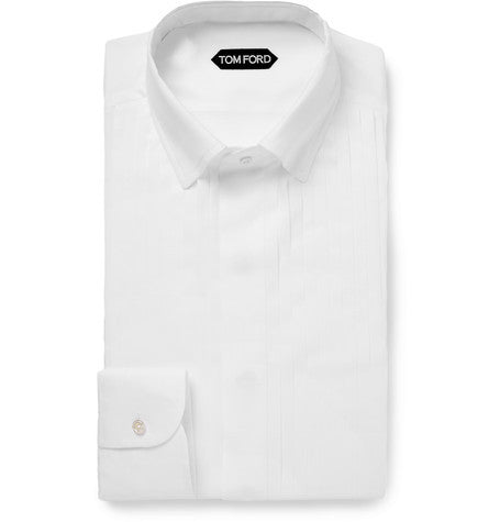 white slim fit pleated cotton tuxedo shirt