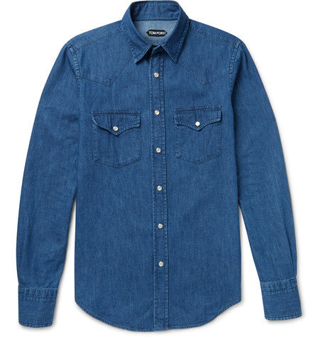 slim fit washed cotton chambray western shirt