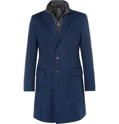 slim fit cotton blend twill coat with detachable shell underlay