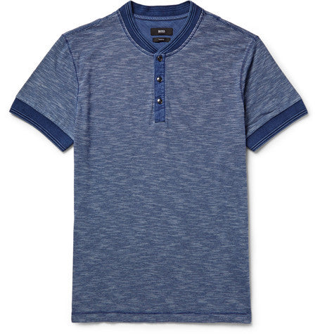 slim fit melange knitted cotton henley t shirt