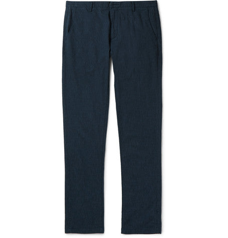 slim fit stretch cotton and linen blend trousers