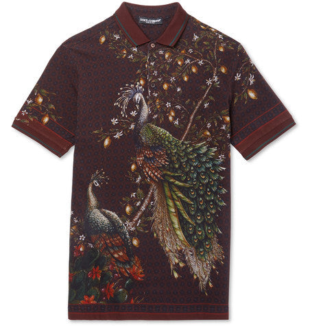 slim fit peacock print cotton pique polo shirt