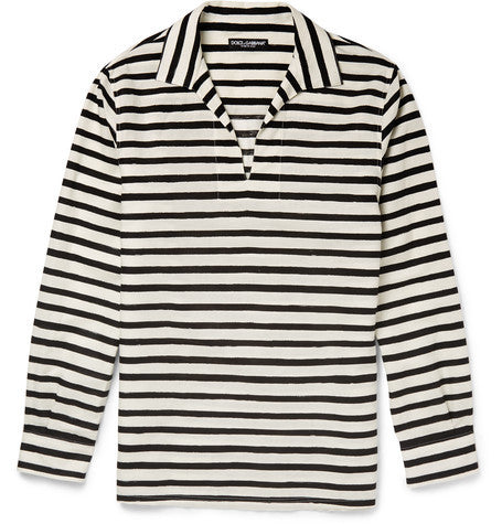 striped open collar linen and cotton blend shirt