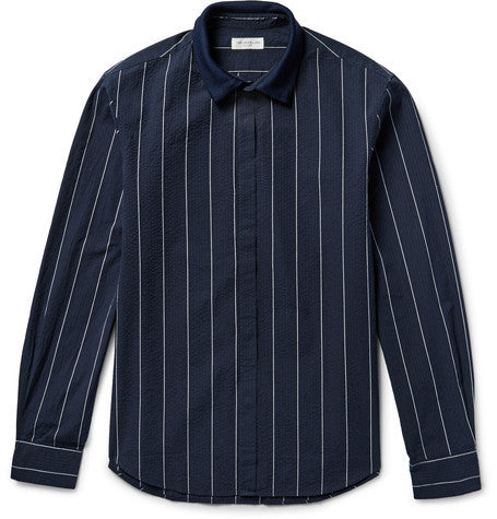 knitted collar striped cotton seersucker overshirt
